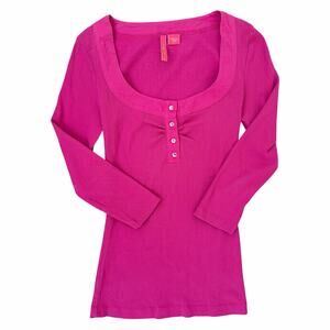 Y2K Charlotte Tarantola Ribbed Henley Crystal Button Hot Pink Top Size Small